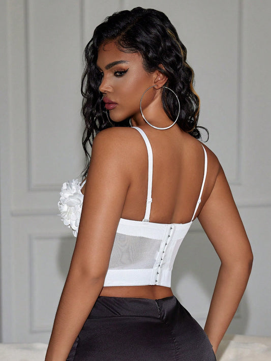 Solid Mesh Corset Crop Cami Top