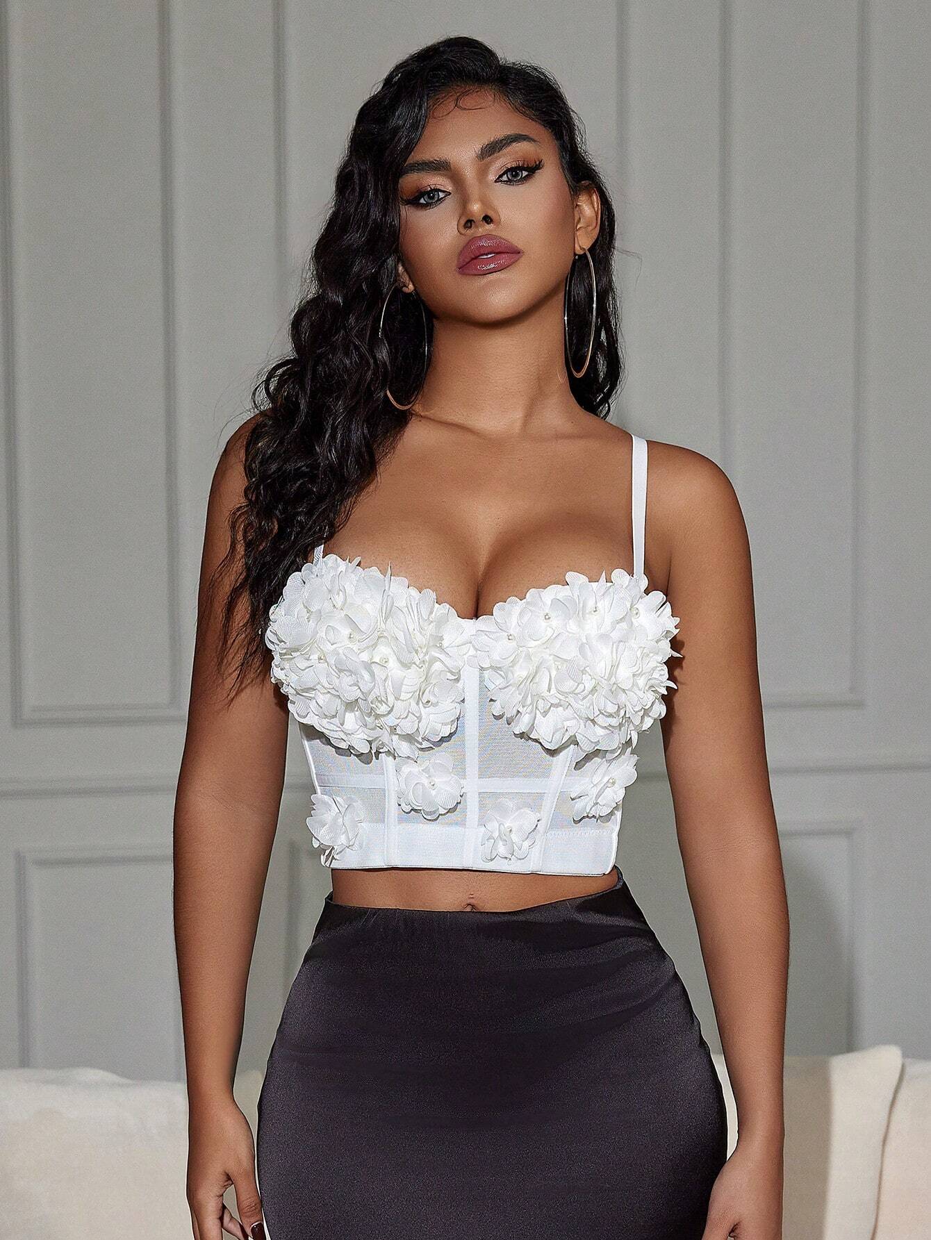 Solid Mesh Corset Crop Cami Top