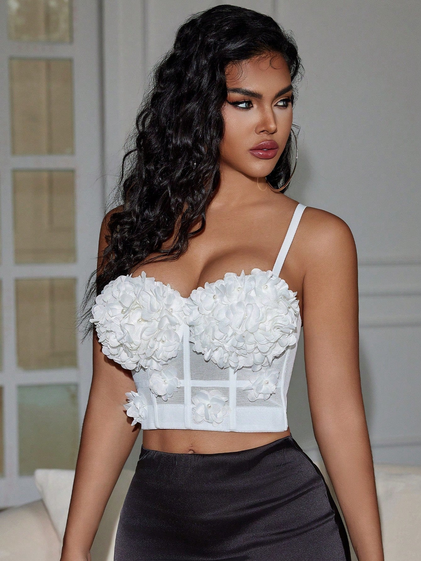 Solid Mesh Corset Crop Cami Top