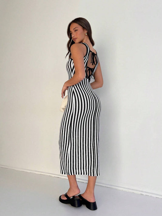 Striped Lace-Up Back Slim Fit Dress