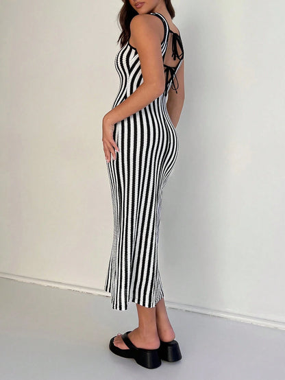 Striped Lace-Up Back Slim Fit Dress