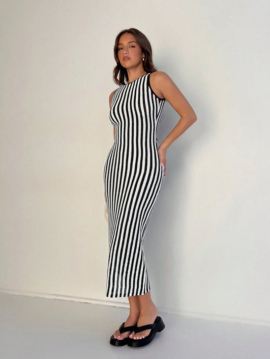 Striped Lace-Up Back Slim Fit Dress