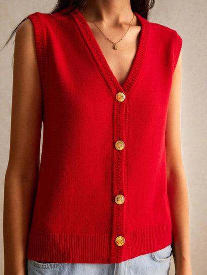 Red cardigan with gold buttons worn by a person on a neutral background