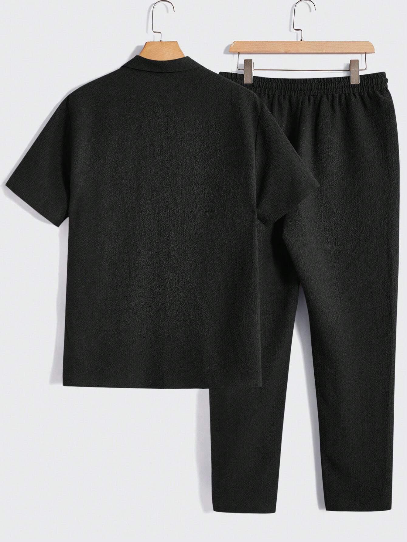 Solid Button Front Pocket Shirt And Pants Set