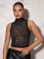 Exquisite Rhinestone Mesh Fishnet Tank Top