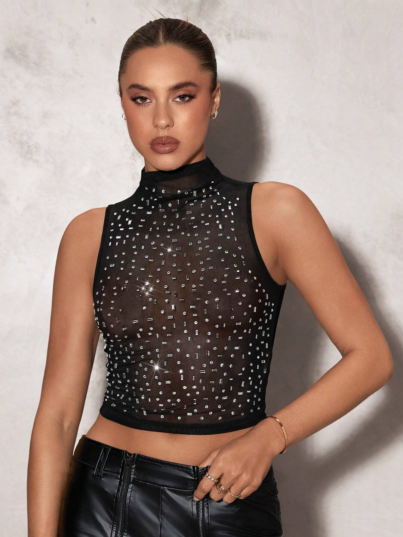 Exquisite Rhinestone Mesh Fishnet Tank Top