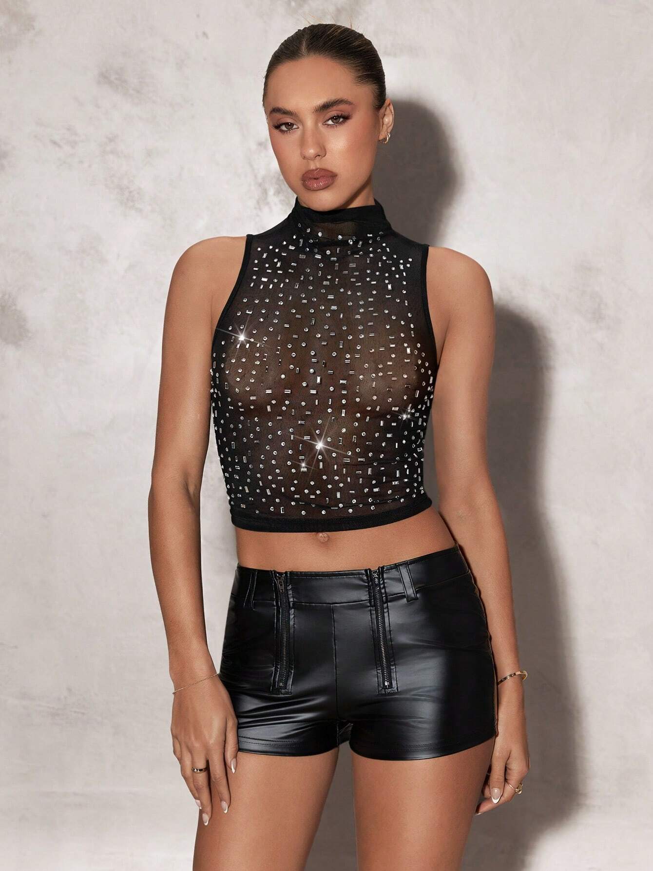 Exquisite Rhinestone Mesh Fishnet Tank Top
