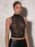 Exquisite Rhinestone Mesh Fishnet Tank Top