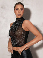 Exquisite Rhinestone Mesh Fishnet Tank Top