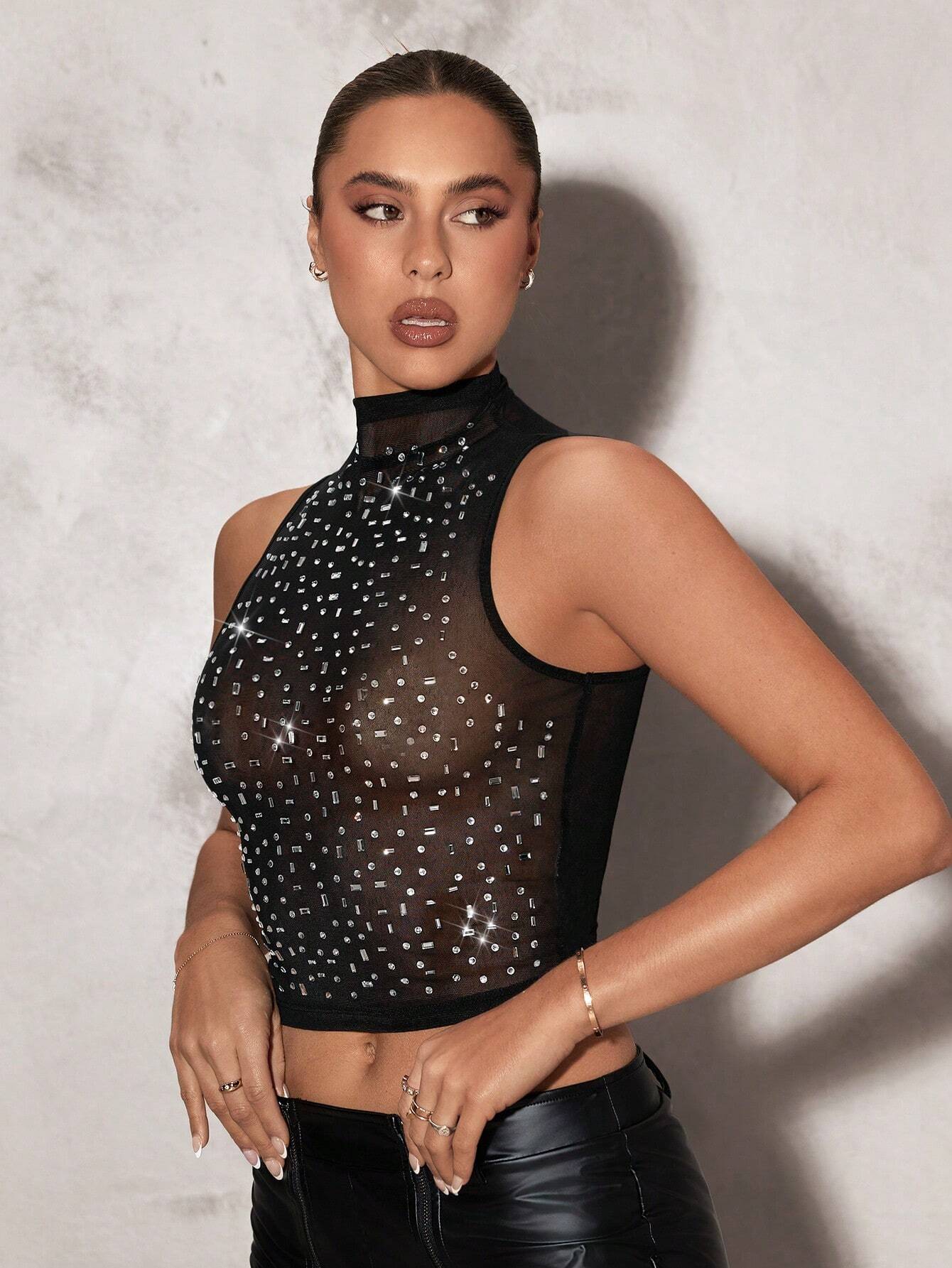 Exquisite Rhinestone Mesh Fishnet Tank Top