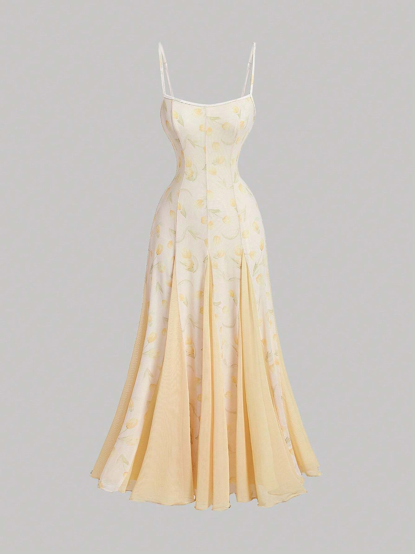 Yellow floral dress on a gray background