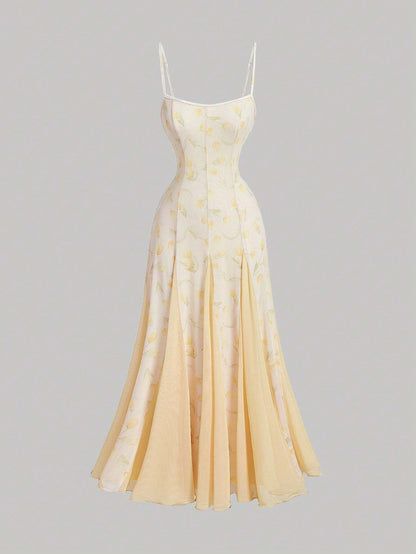 Yellow floral dress on a gray background