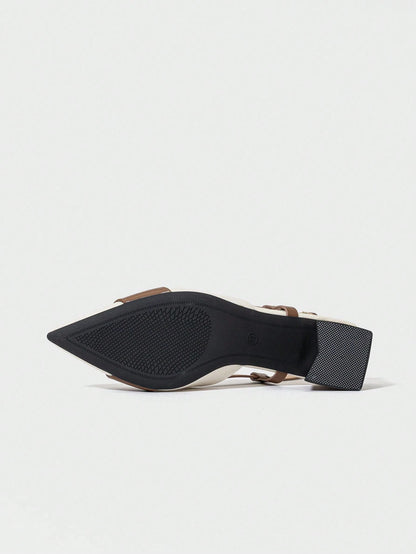 Pointed Closed Toe Two-Tone Thick Heel Pumps