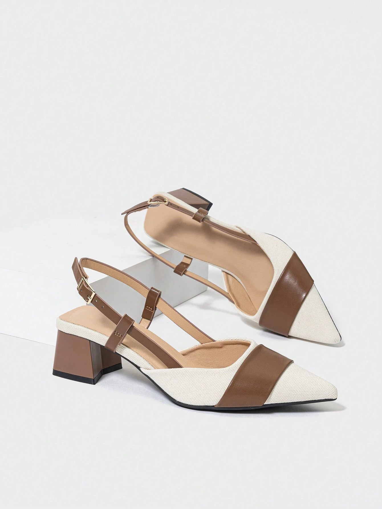 Pointed Closed Toe Two-Tone Thick Heel Pumps