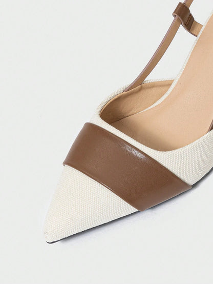 Pointed Closed Toe Two-Tone Thick Heel Pumps