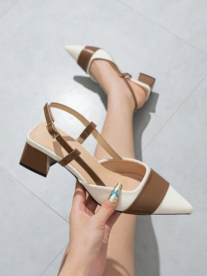 Pointed Closed Toe Two-Tone Thick Heel Pumps