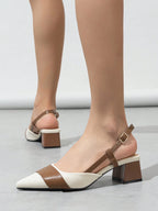 Pointed Closed Toe Two-Tone Thick Heel Pumps
