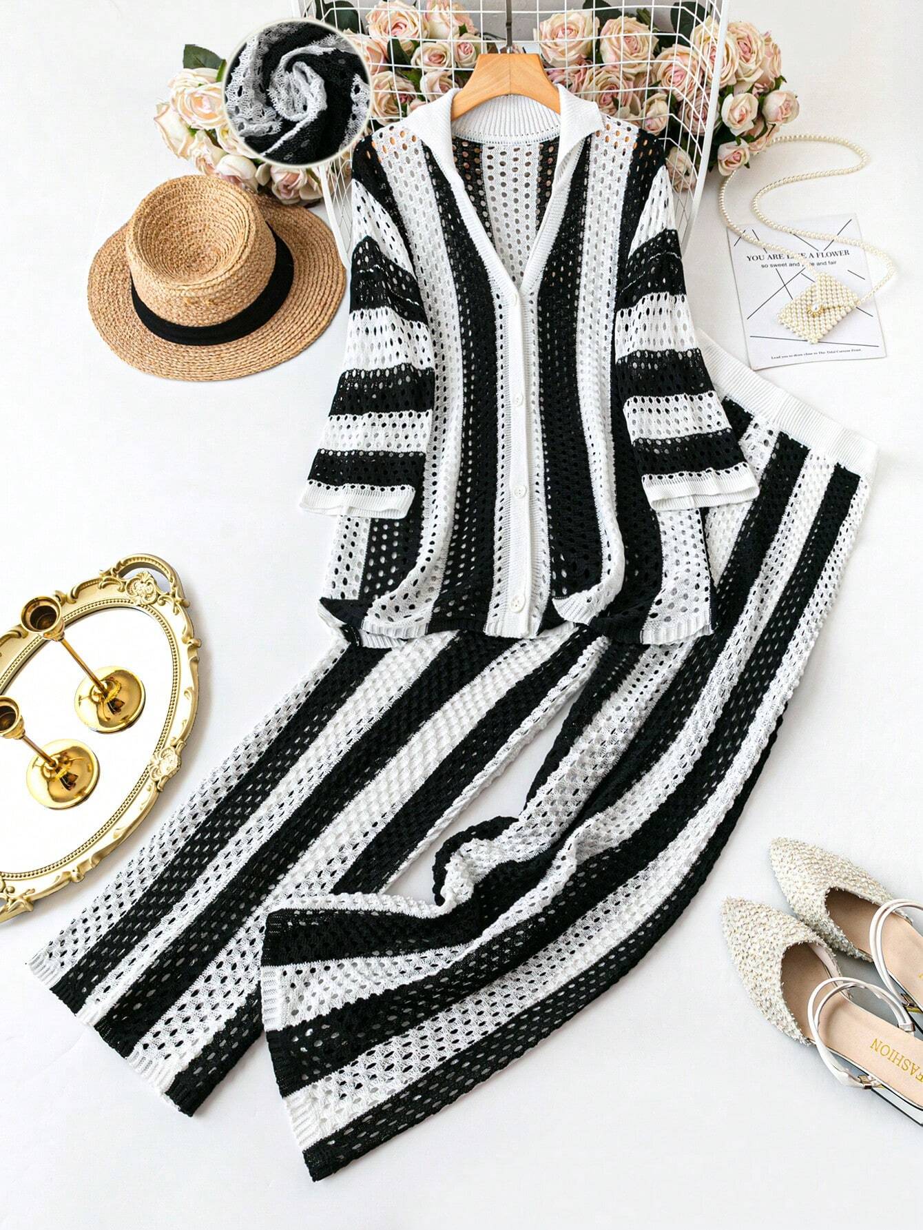 Polo Collar Hollow Out Striped Sweater Set