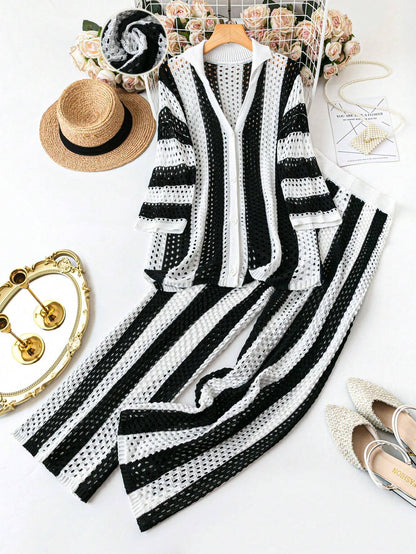 Polo Collar Hollow Out Striped Sweater Set