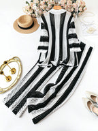 Polo Collar Hollow Out Striped Sweater Set