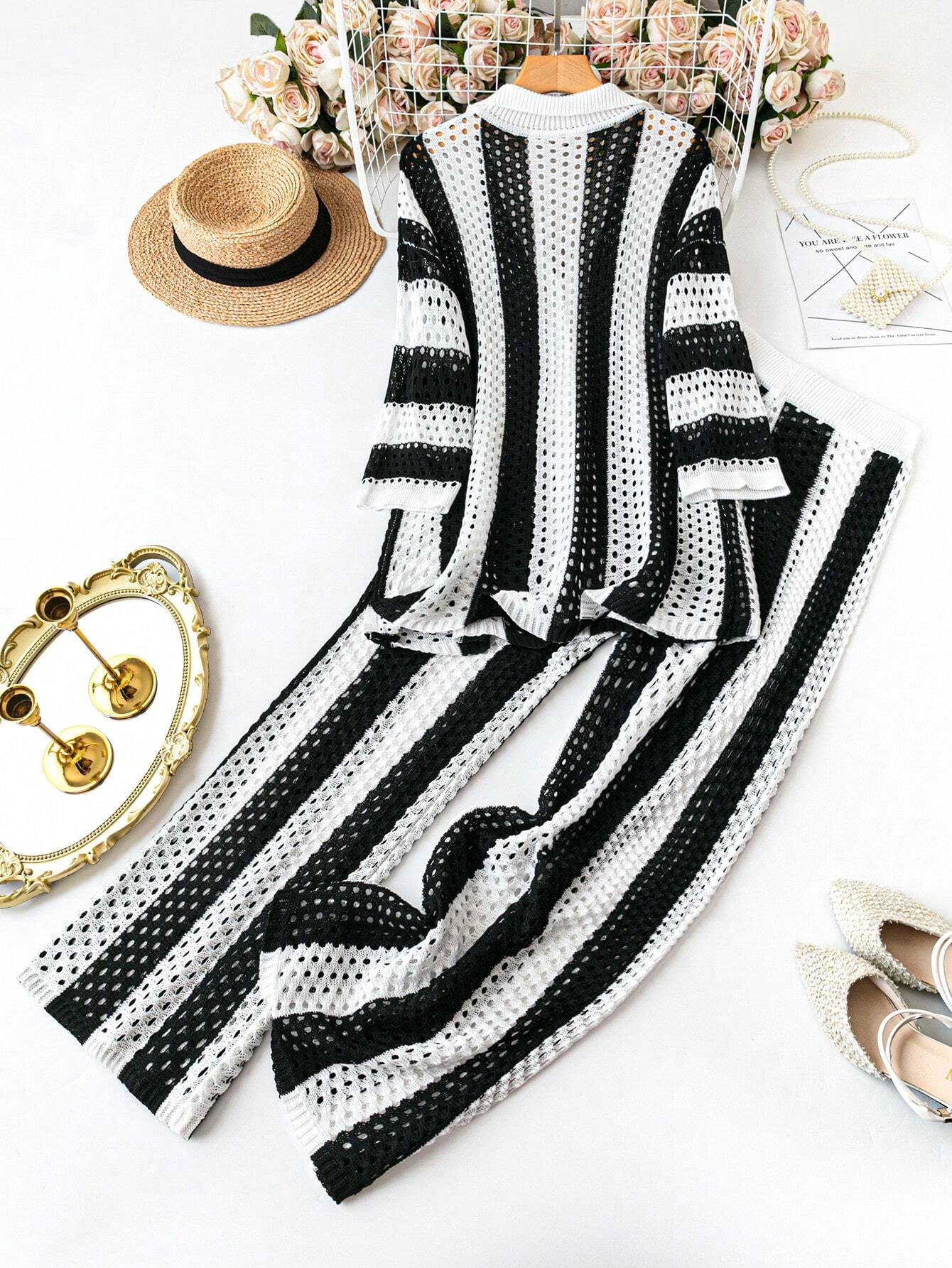 Polo Collar Hollow Out Striped Sweater Set