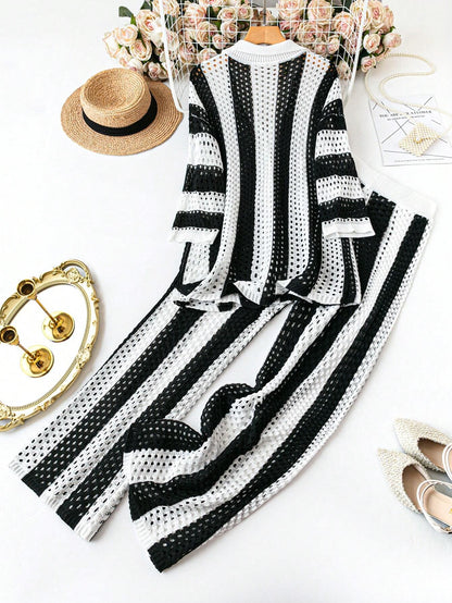 Polo Collar Hollow Out Striped Sweater Set