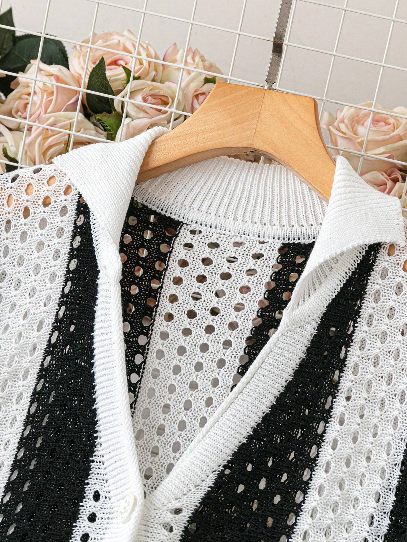 Polo Collar Hollow Out Striped Sweater Set