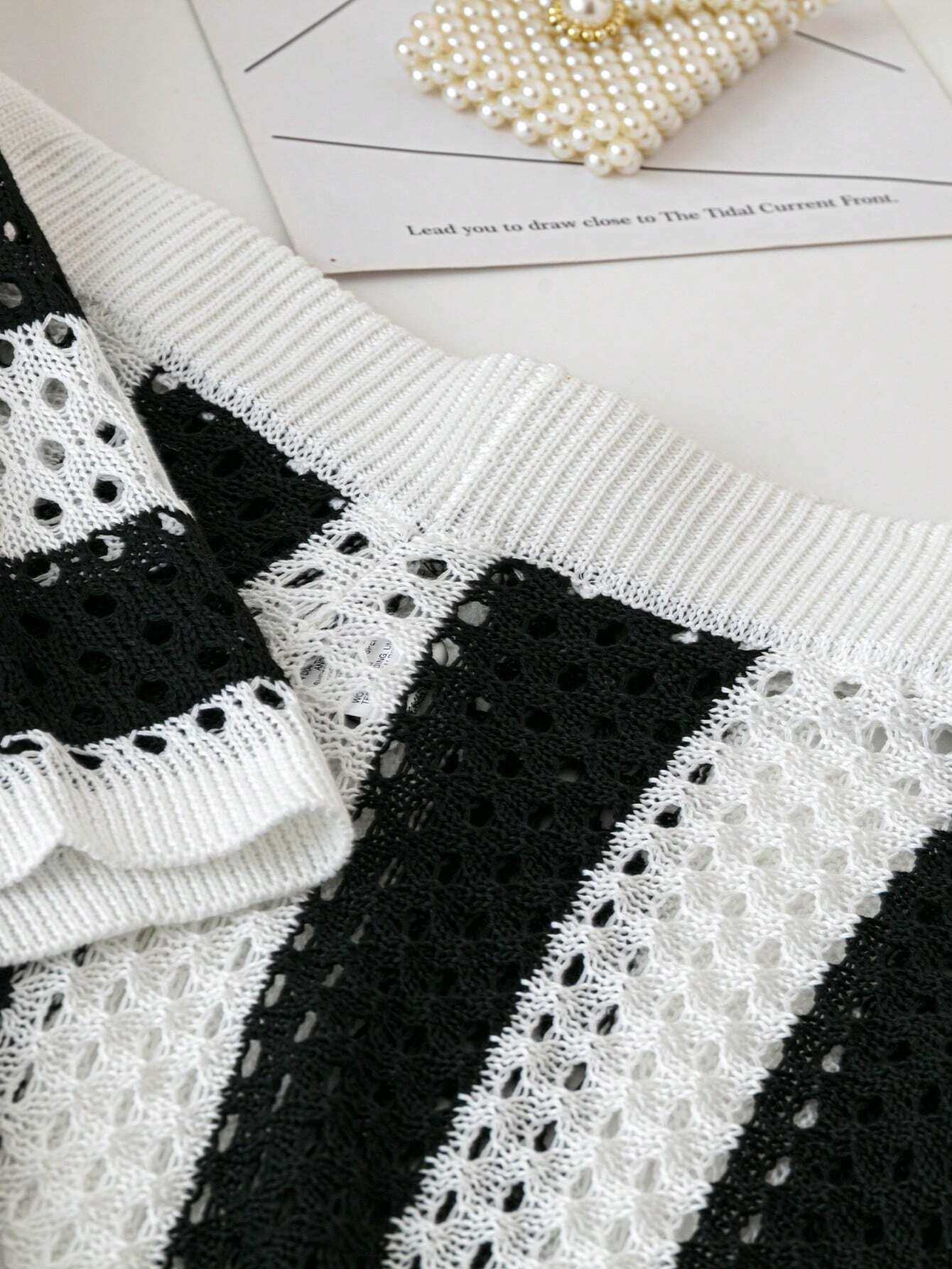 Polo Collar Hollow Out Striped Sweater Set