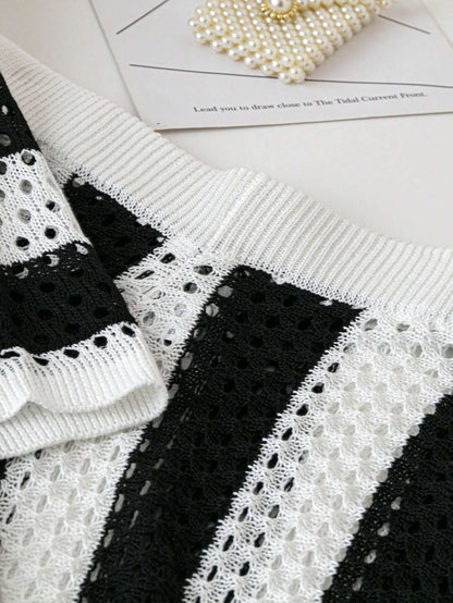 Polo Collar Hollow Out Striped Sweater Set