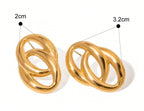 Gold earrings with measurements and product details on a white background