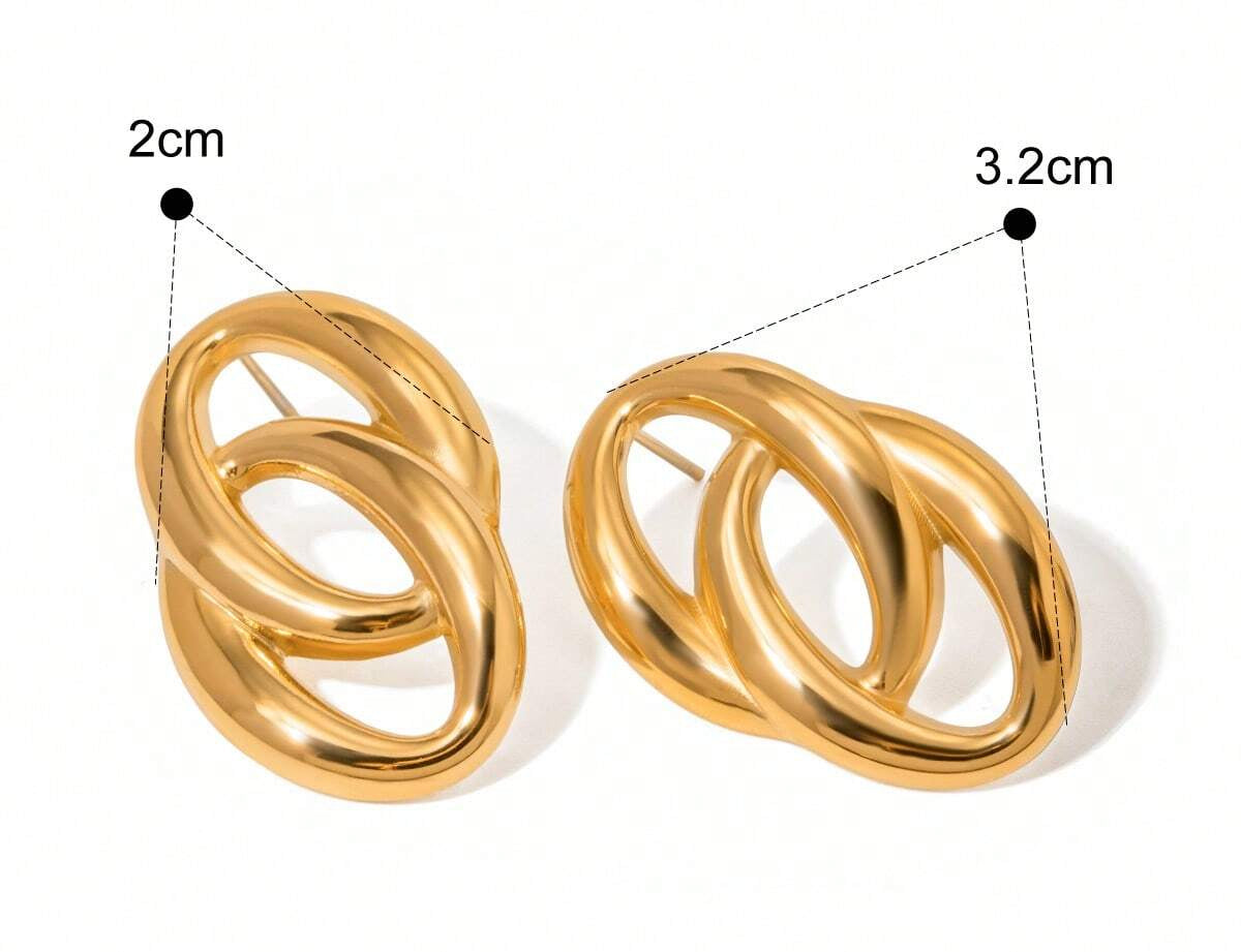 Gold earrings with measurements and product details on a white background