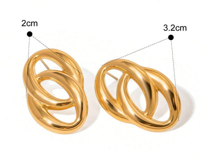 Gold earrings with measurements and product details on a white background