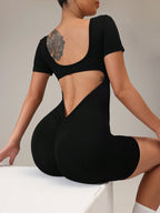 Solid Backless Short Sleeve Romper Jumpsuit