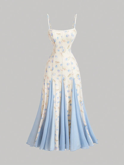 Floral dress with light blue accents on a gray background