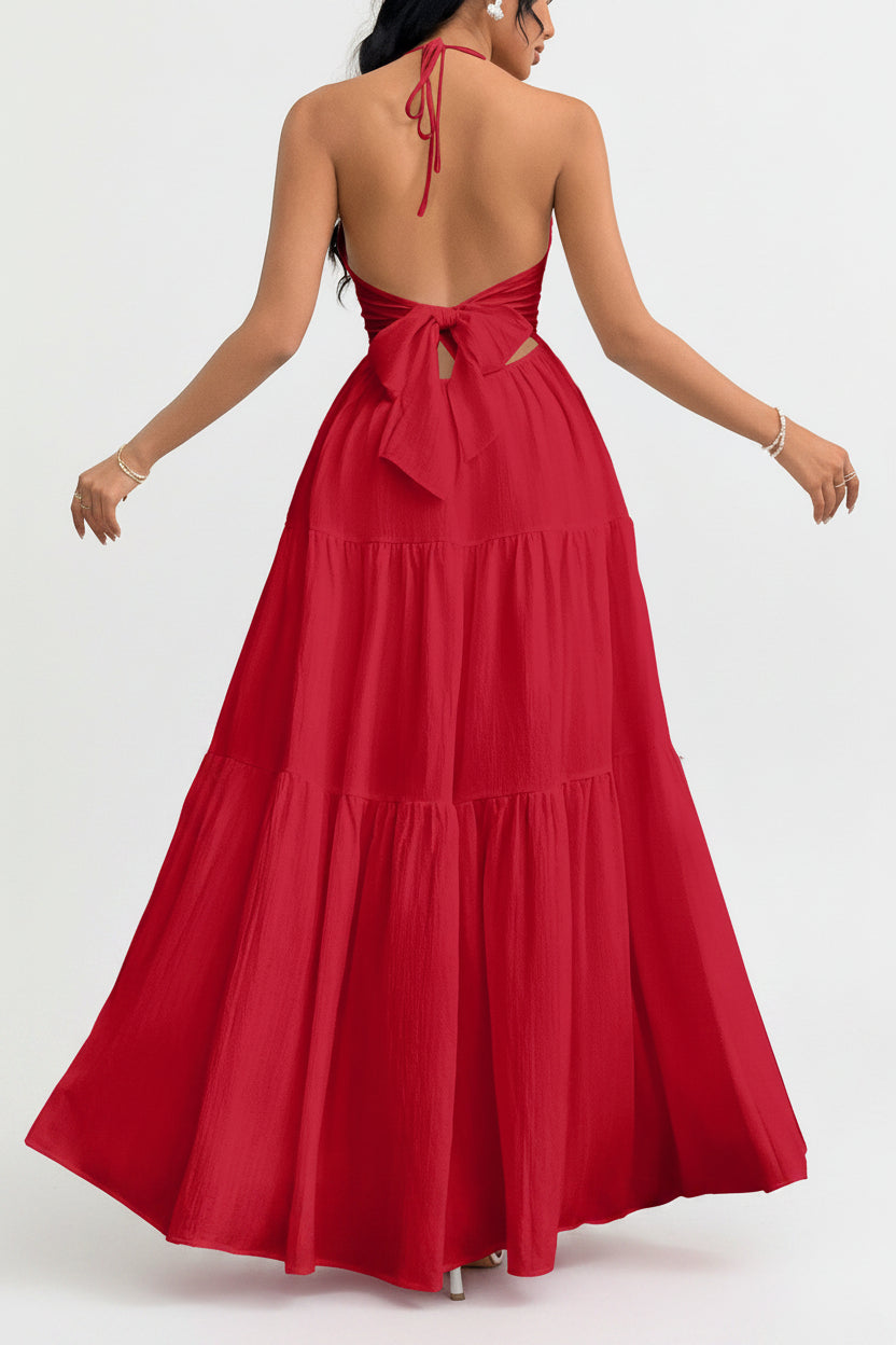 Red halter neck dress with cutout back on a white background
