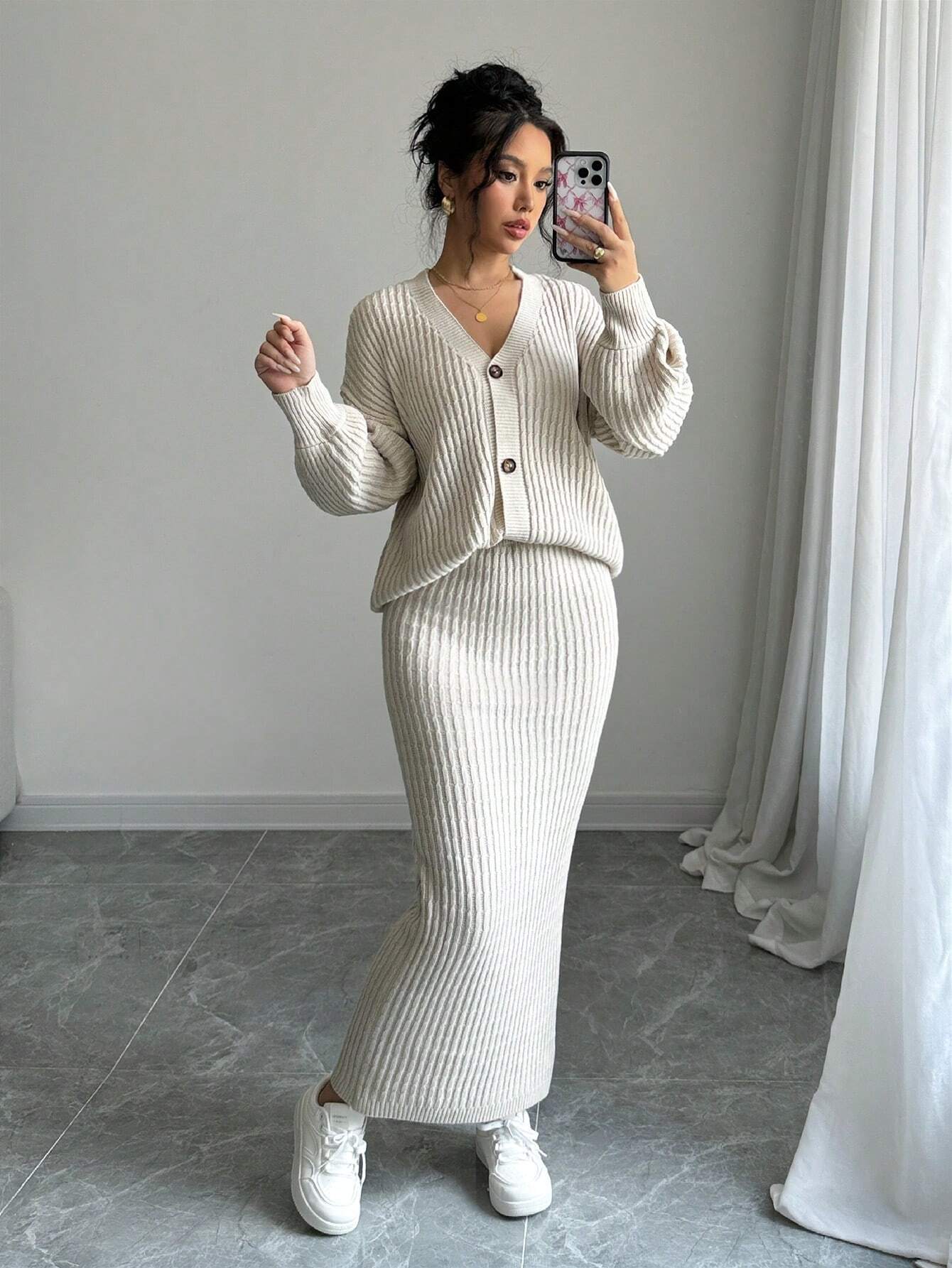 Plain Front Button Long Sleeve Casual Top And Skirt Set