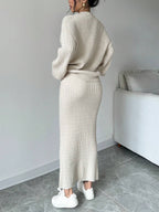 Plain Front Button Long Sleeve Casual Top And Skirt Set