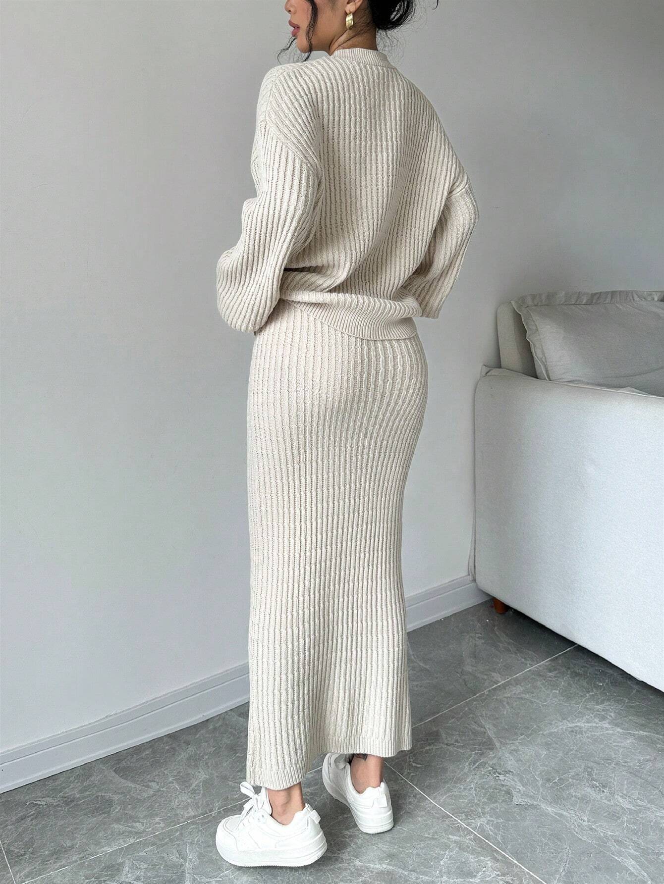 Plain Front Button Long Sleeve Casual Top And Skirt Set