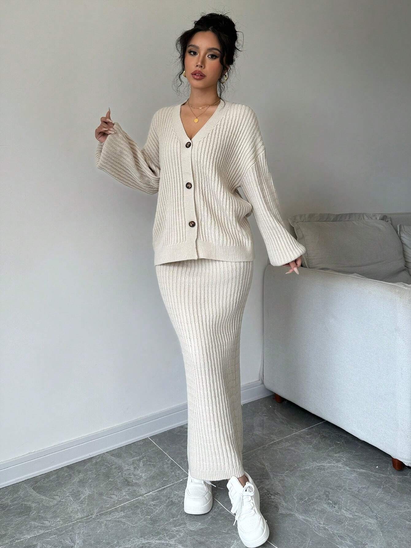 Plain Front Button Long Sleeve Casual Top And Skirt Set
