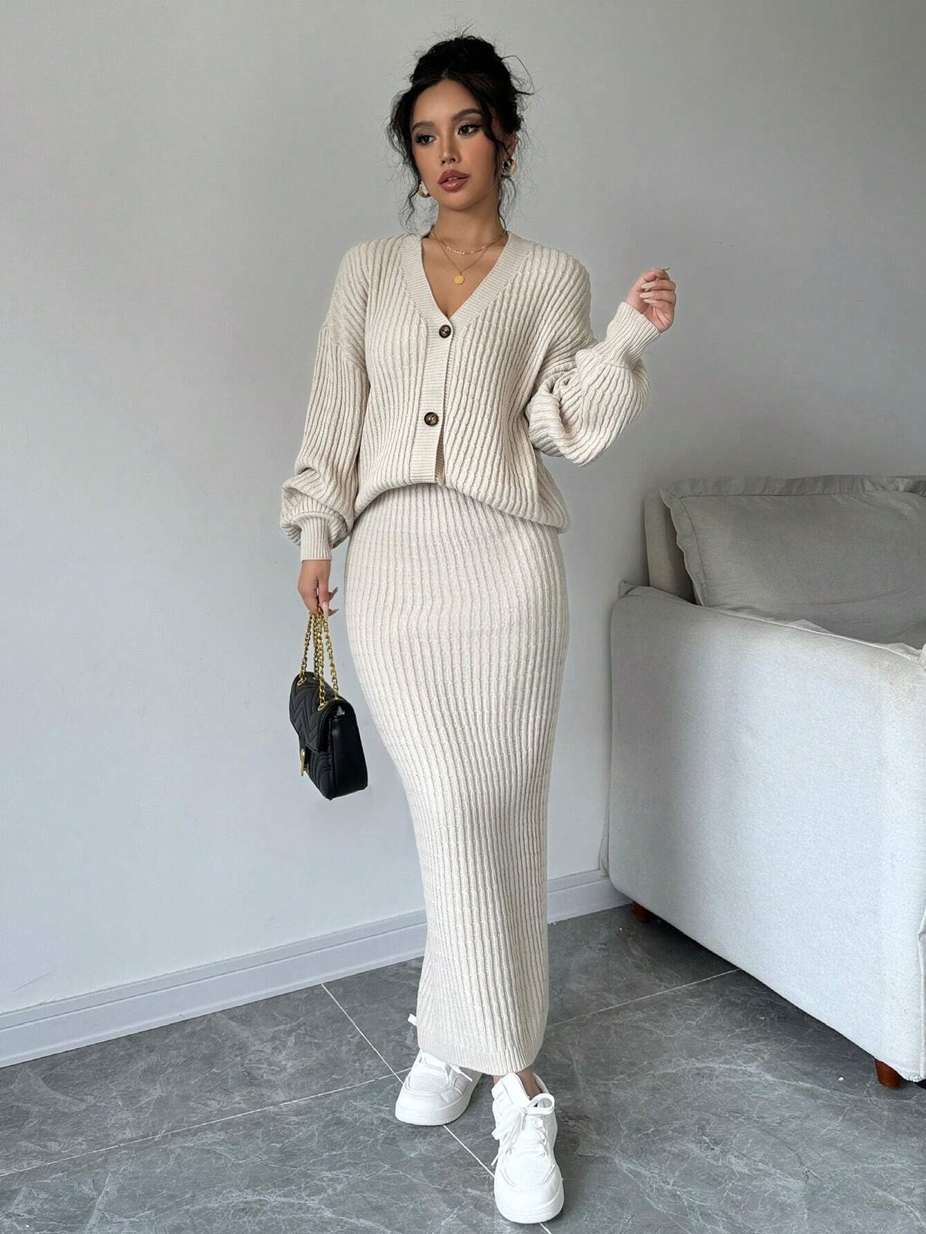 Plain Front Button Long Sleeve Casual Top And Skirt Set