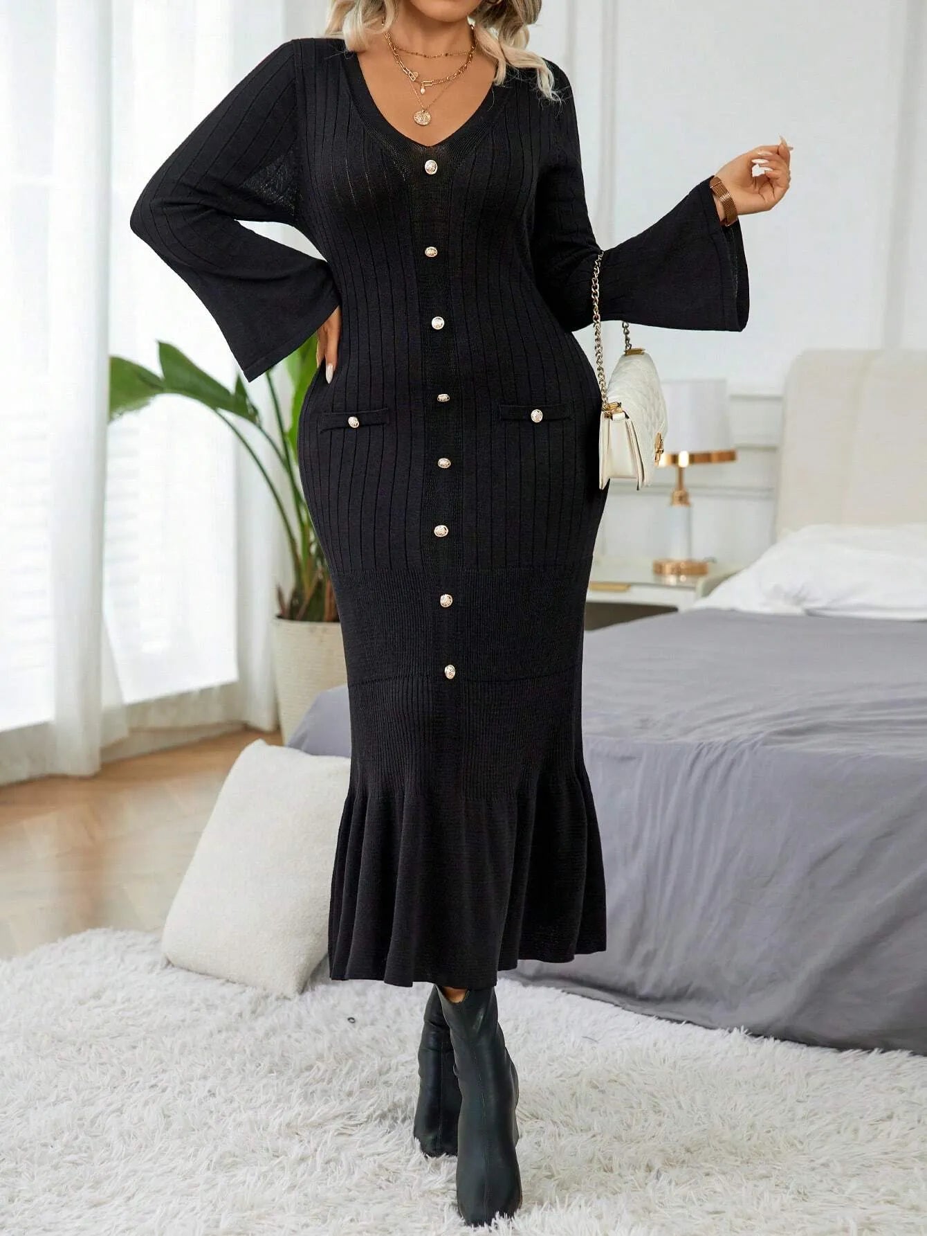 Elegant Flare Sleeve Sweater  Dress