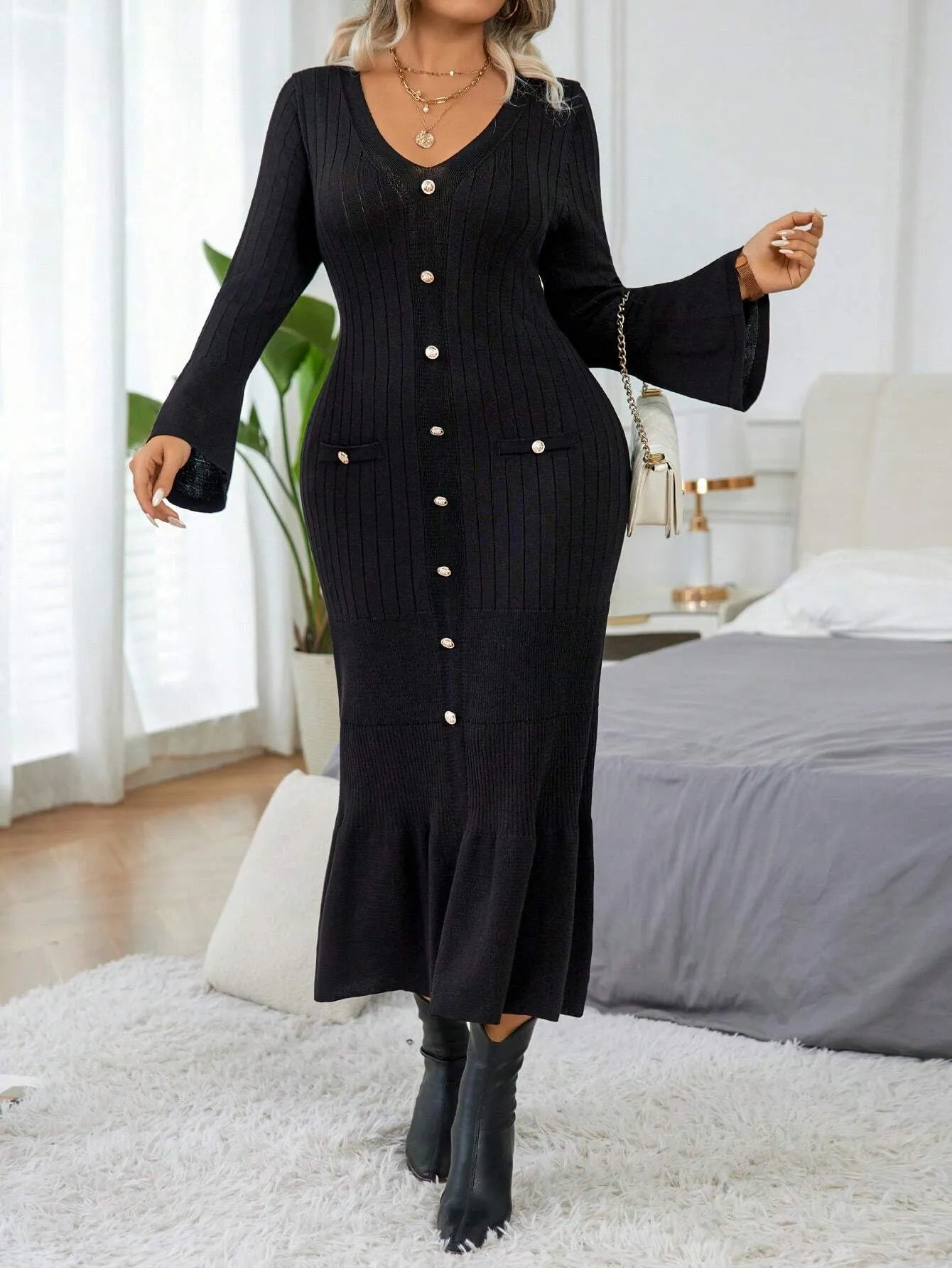 Elegant Flare Sleeve Sweater  Dress