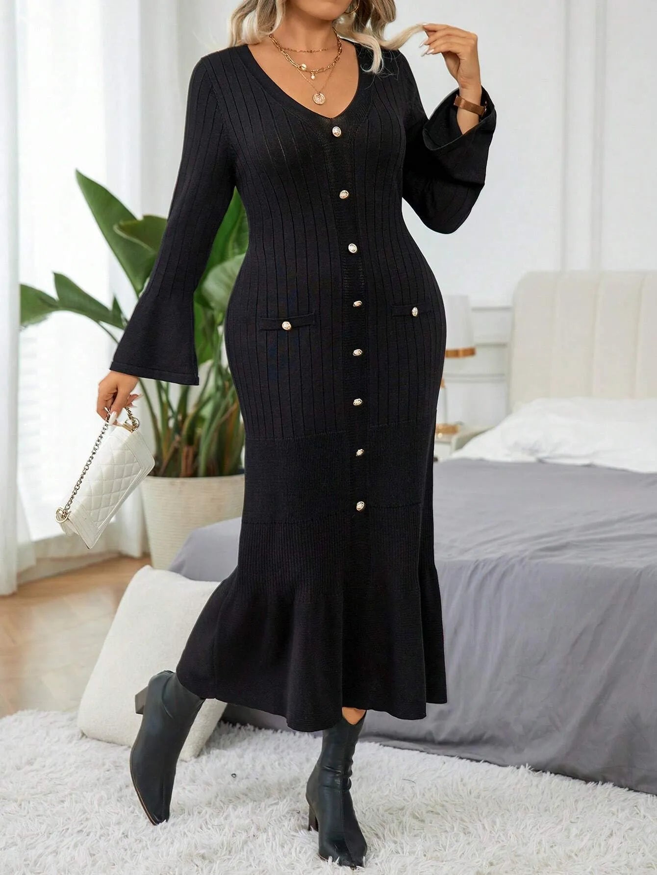 Elegant Flare Sleeve Sweater  Dress