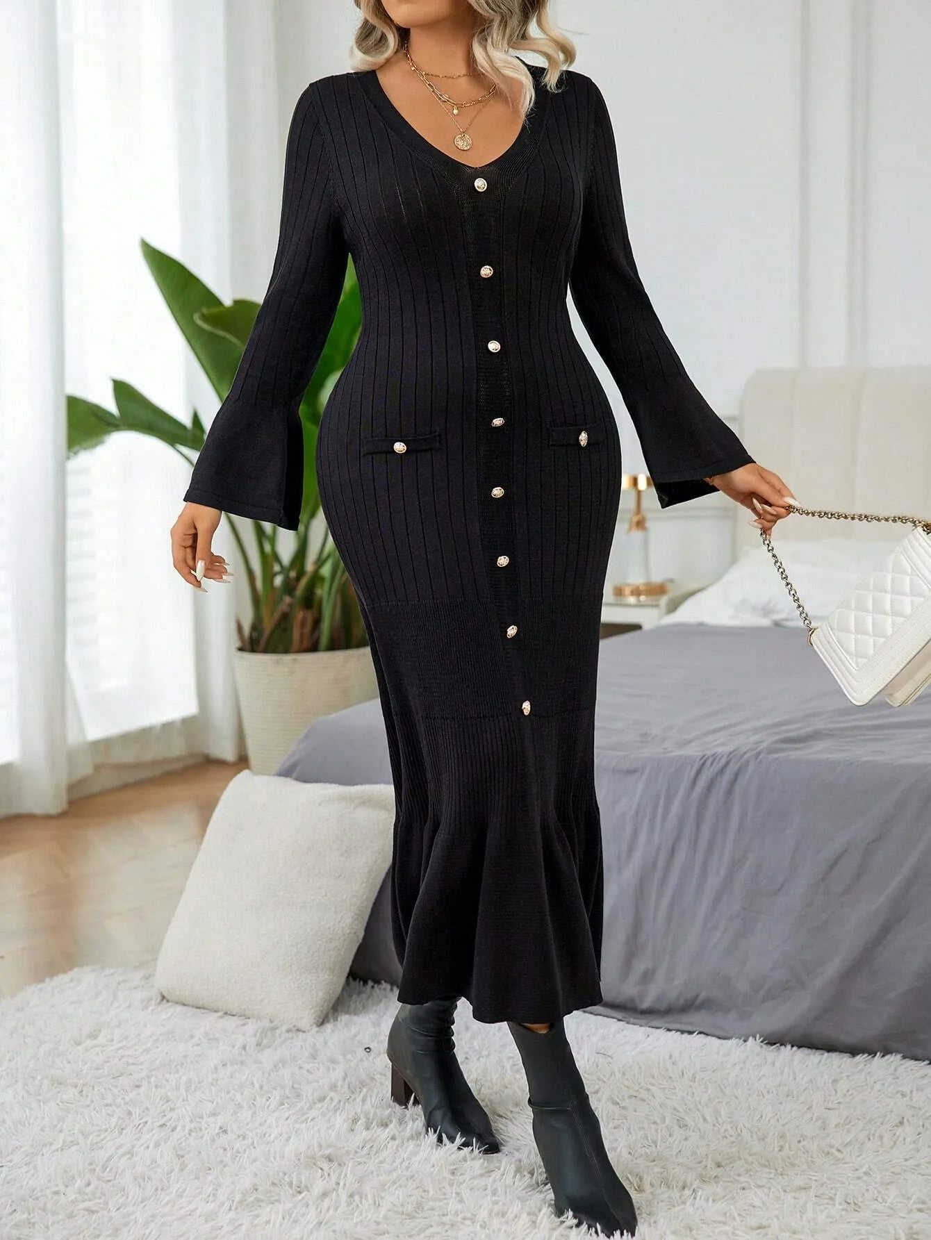Elegant Flare Sleeve Sweater  Dress