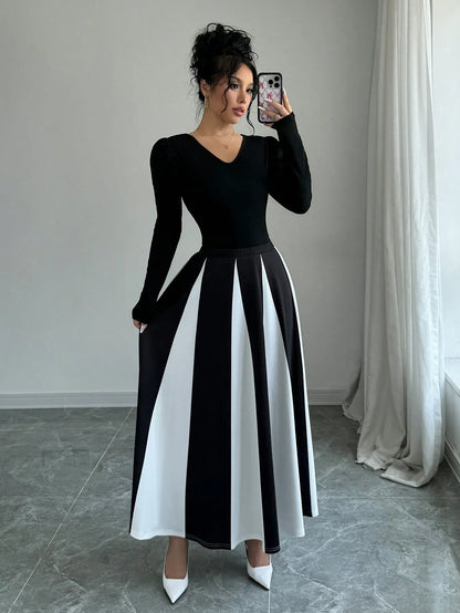 Elegant Color Block Patchwork Skirt