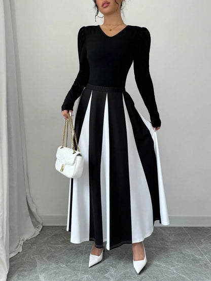 Elegant Color Block Patchwork Skirt