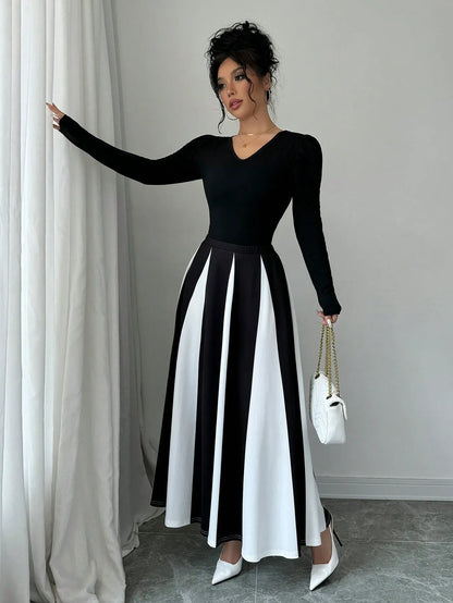 Elegant Color Block Patchwork Skirt