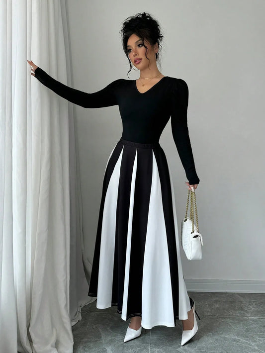 Elegant Color Block Patchwork Skirt