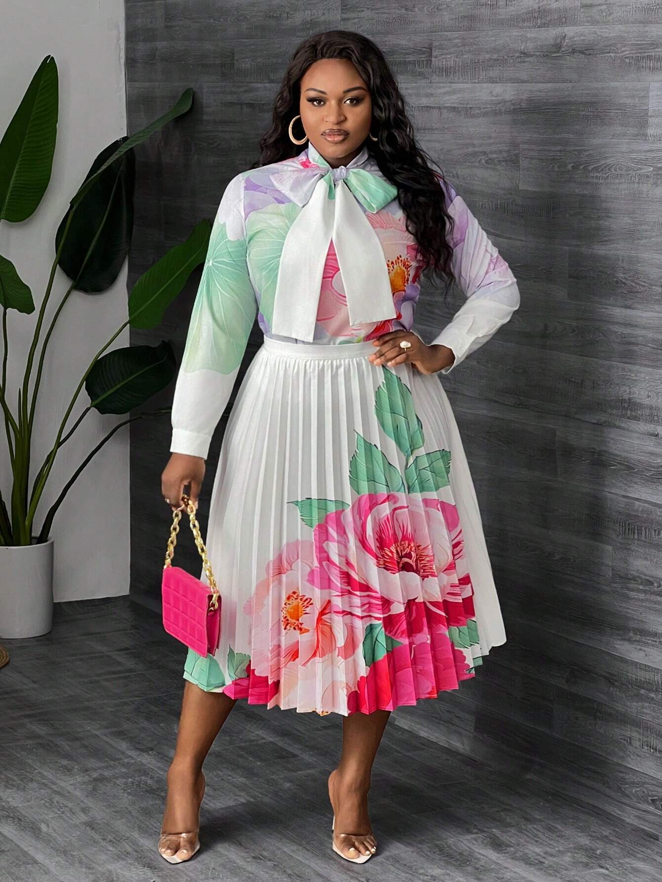 Elegant Floral Blouse & Pleated A-Line Skirt Suit