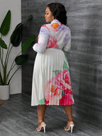 Elegant Floral Blouse & Pleated A-Line Skirt Suit